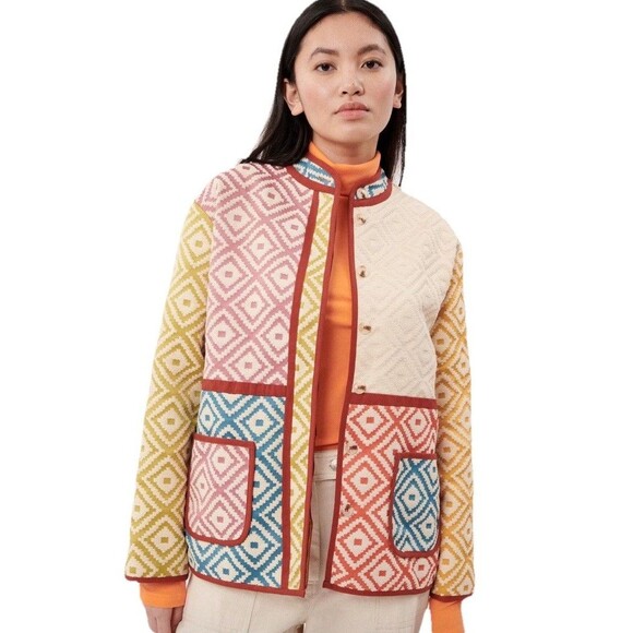 FRNCH Paris Multicolour Patchwork Diamond Quilted Jacket XS Boho Indie Retro - Picture 1 of 14